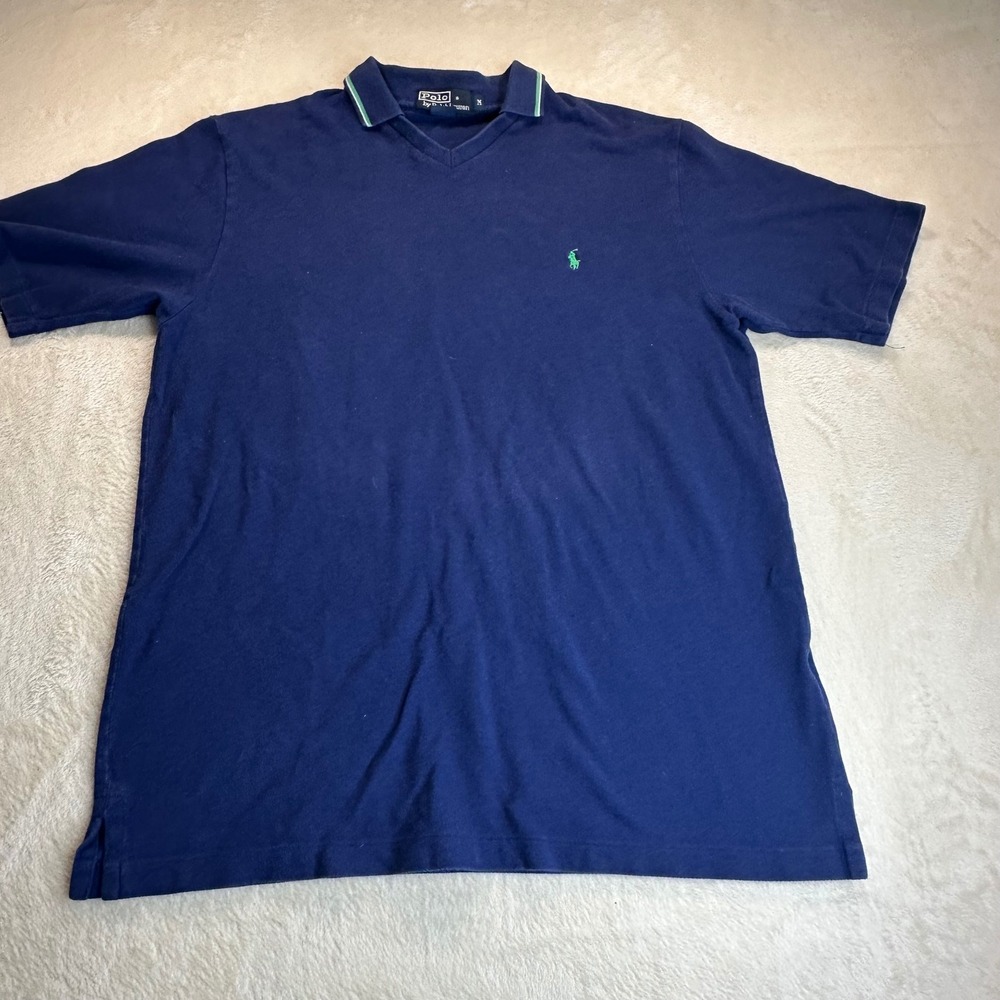 Polo Ralph Lauren Mens V-Neck Polo Shirt Navy Blue Green Pony Logo Size M